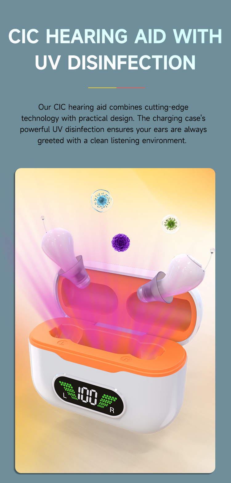 GM-990 CIC hearing aid charging case with integrated UV-light feature shown for product configuration review