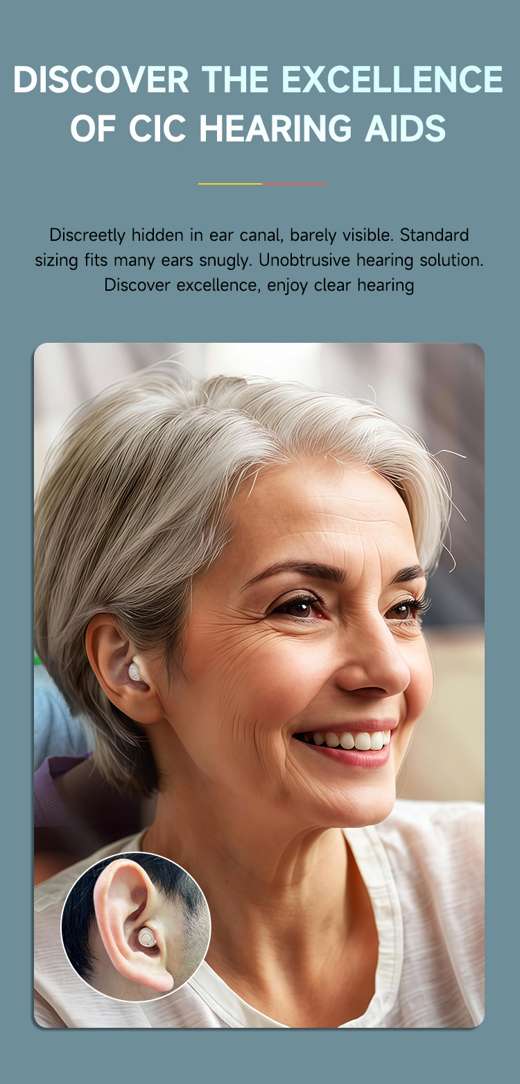 GM-990 compact CIC hearing aid shown in ear for discreet in-canal design evaluation