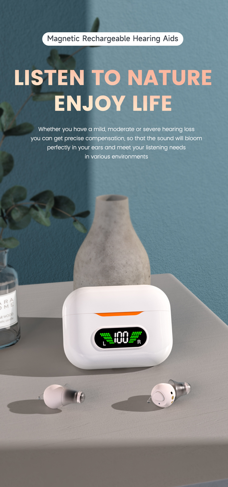 GM-990 rechargeable CIC hearing aid with digital-display charging case for OEM and wholesale projects