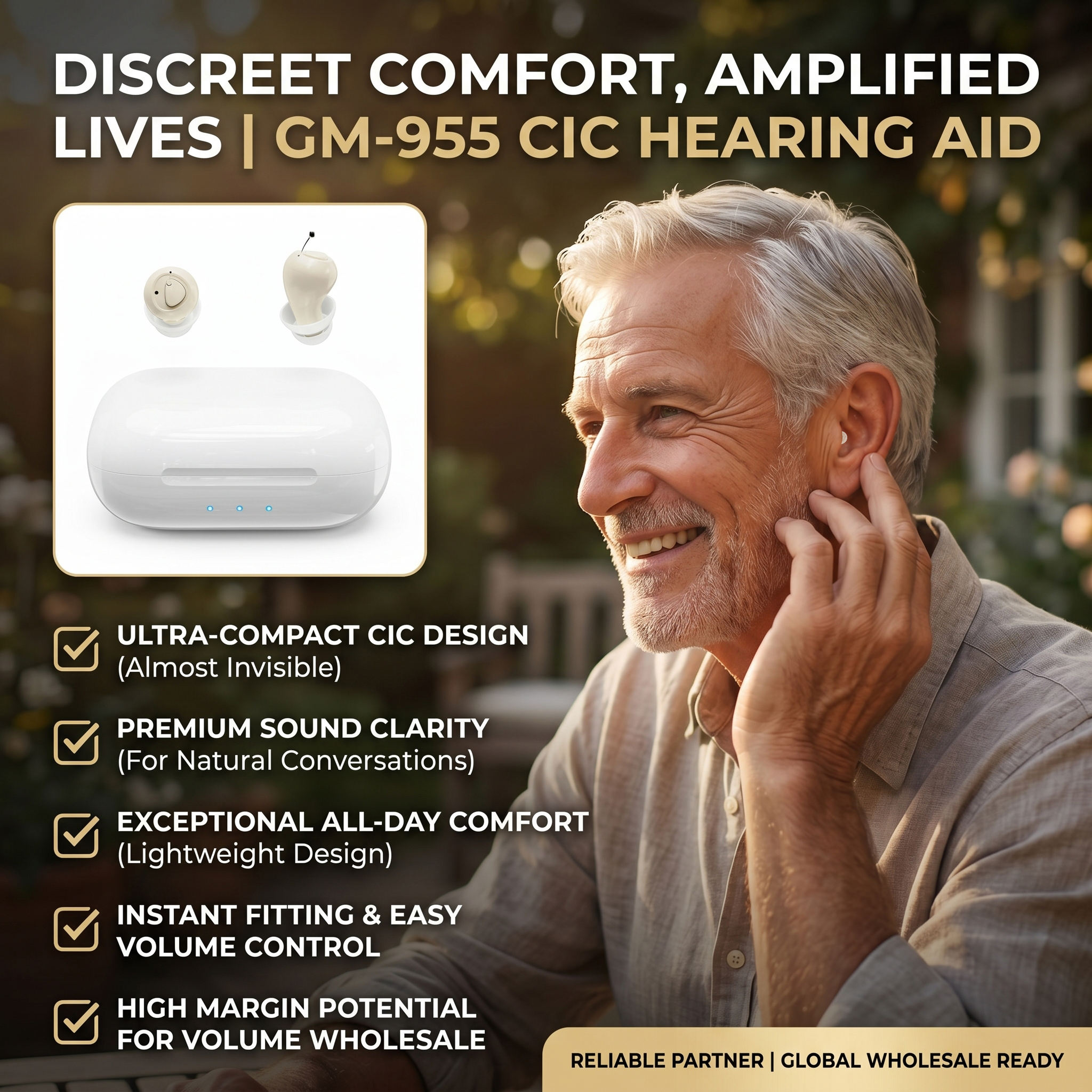 GM-955s rechargeable CIC hearing aid and charging case for B2B wholesale and private-label programs
