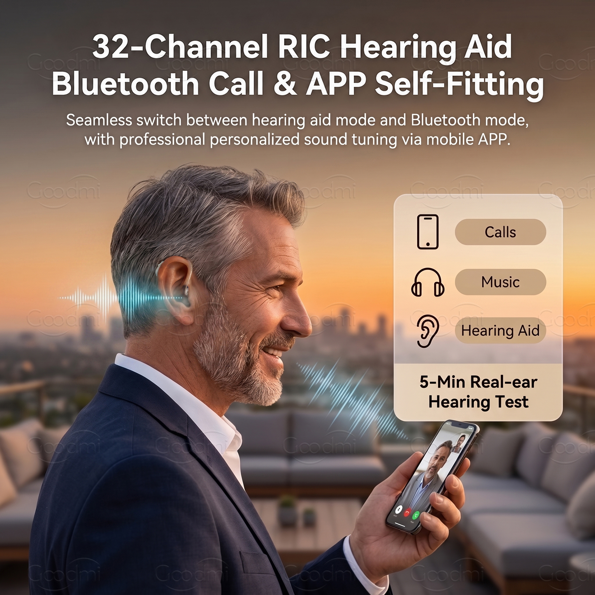 GM-322 (3U3) APP RIC hearing aid Bluetooth and mobile app functions GM-322 (3U3) APP RIC hearing aid showing Bluetooth calls music and mobile APP adjustment functions