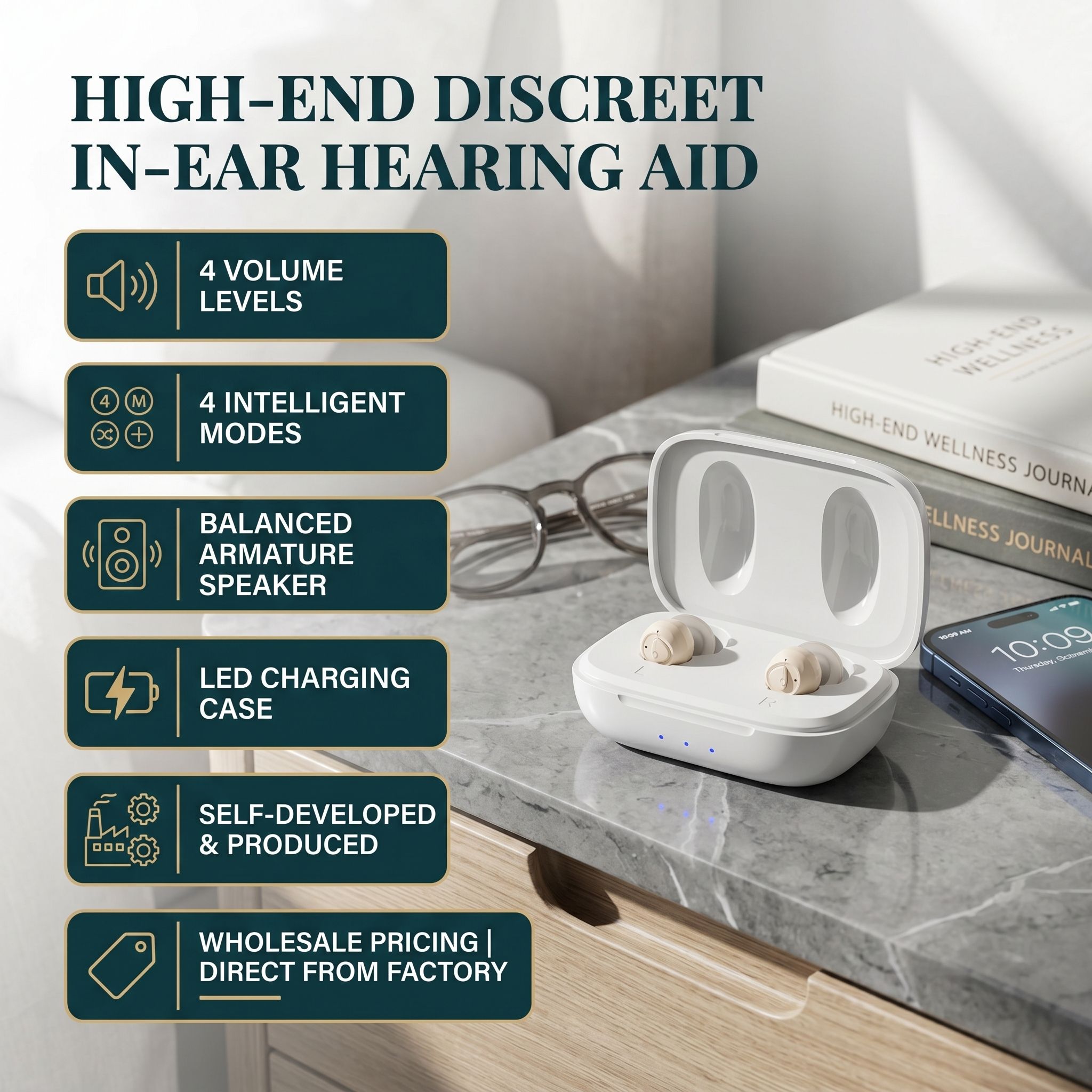 GM-955s CIC hearing aid with four volume levels four listening modes balanced armature speaker and LED charging case