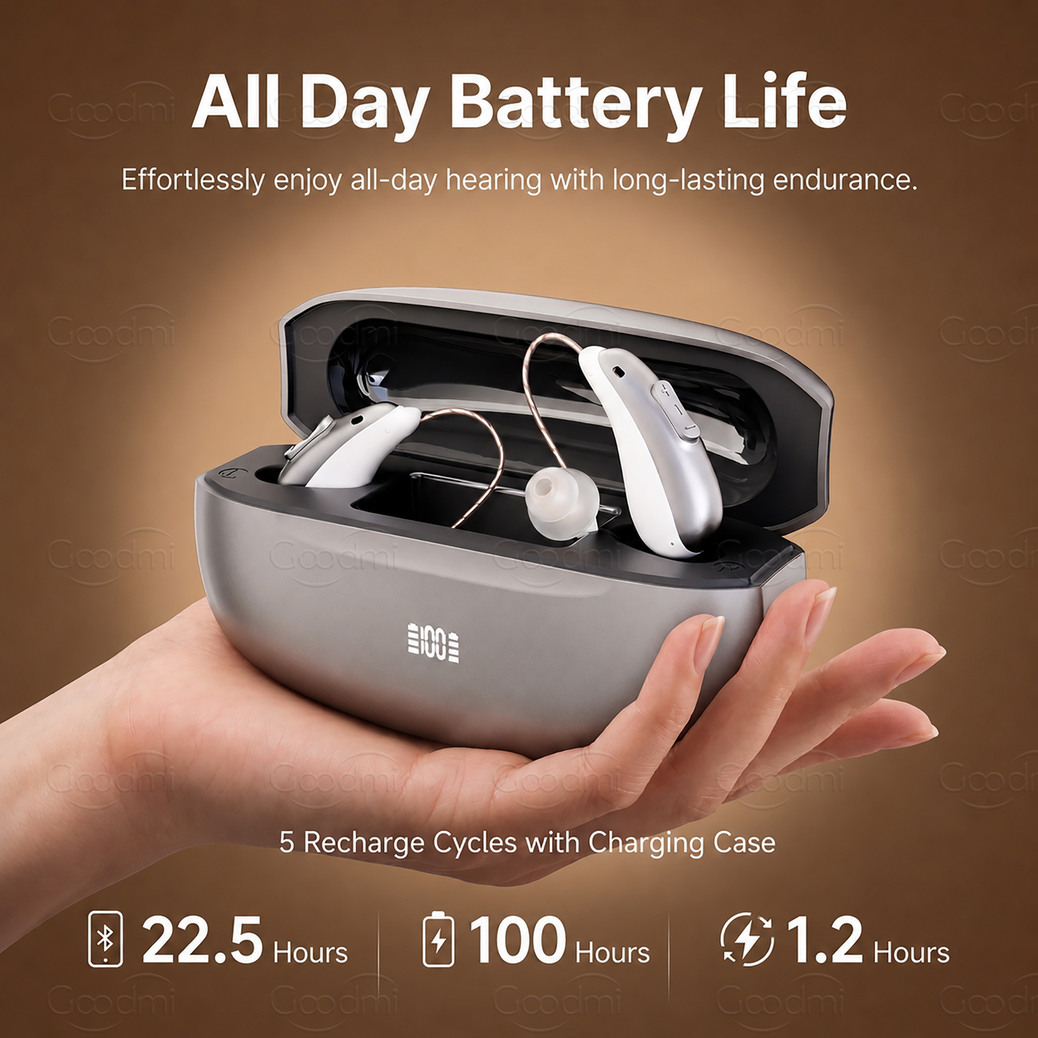 GM-322 (3U3) APP RIC hearing aid battery and touch-screen charging case GM-322 (3U3) APP RIC hearing aid with touch-screen charging case and stated battery configuration