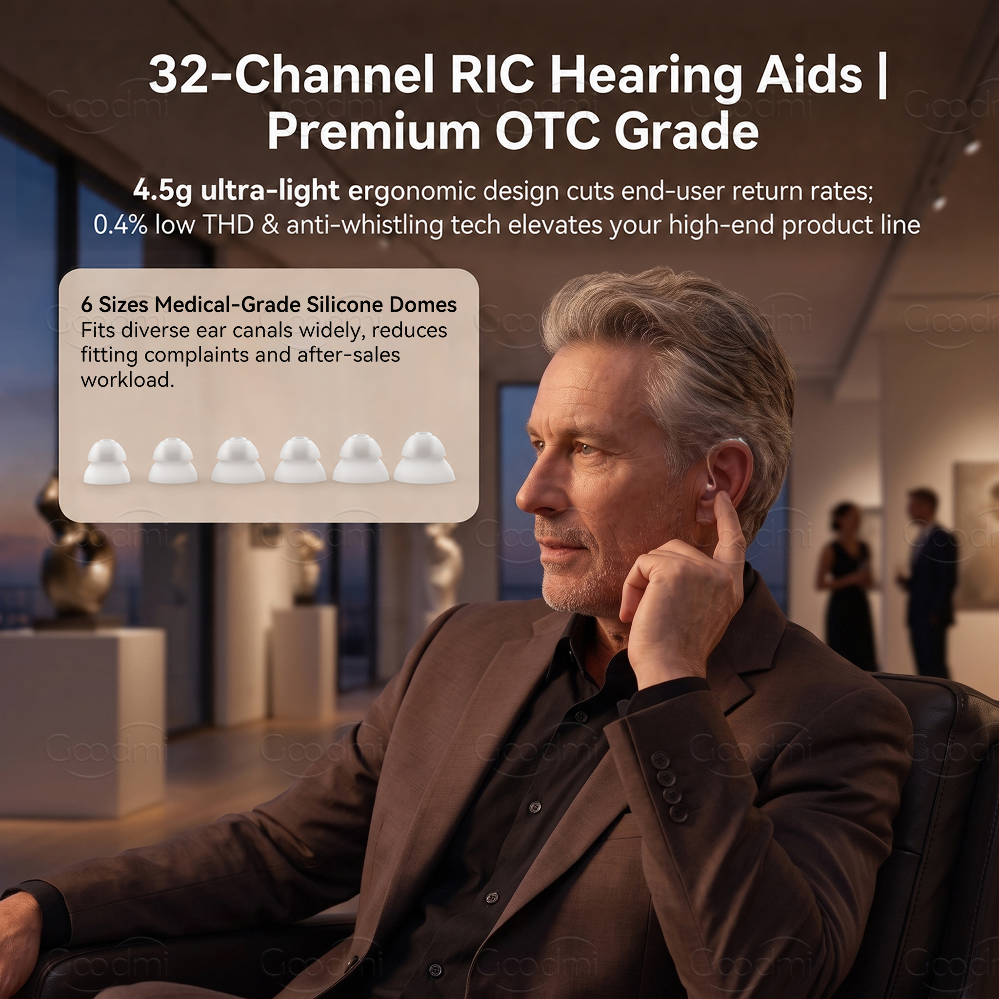GM-322 (3U3) APP 32-channel RIC hearing aid design and fit GM-322 (3U3) APP 32-channel RIC hearing aid with receiver wire and silicone dome for product evaluation