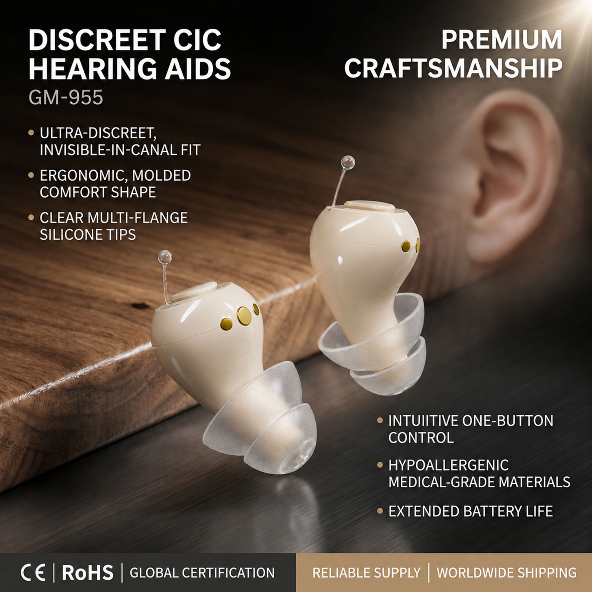 GM-955s CIC hearing aid in-ear design with ear dome options and one-button control