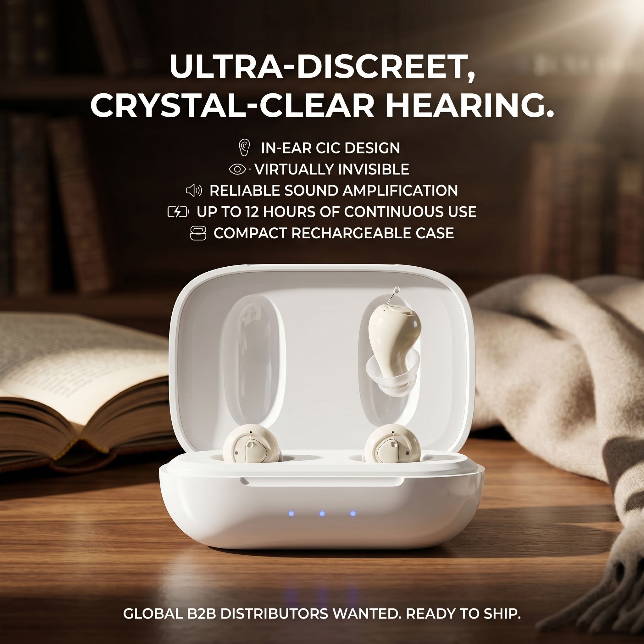 GM-955s rechargeable CIC hearing aid with compact charging case for B2B distributor evaluation