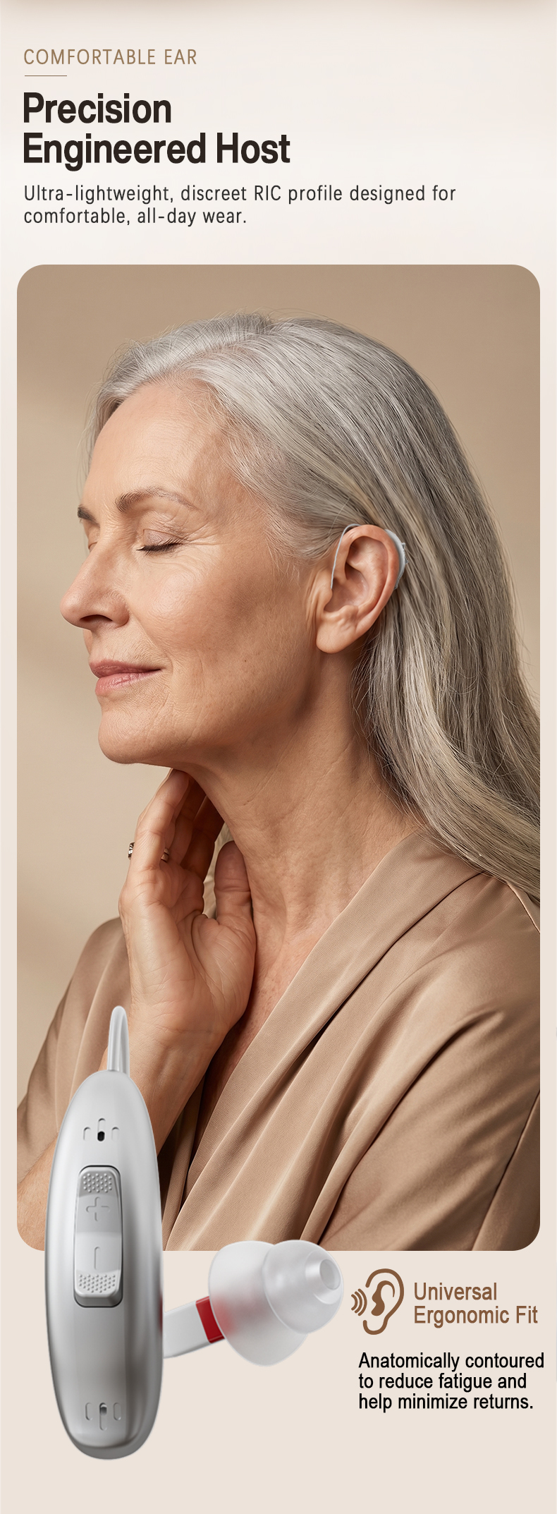 GM-321 lightweight RIC hearing aid shown with ergonomic receiver-in-canal fit
