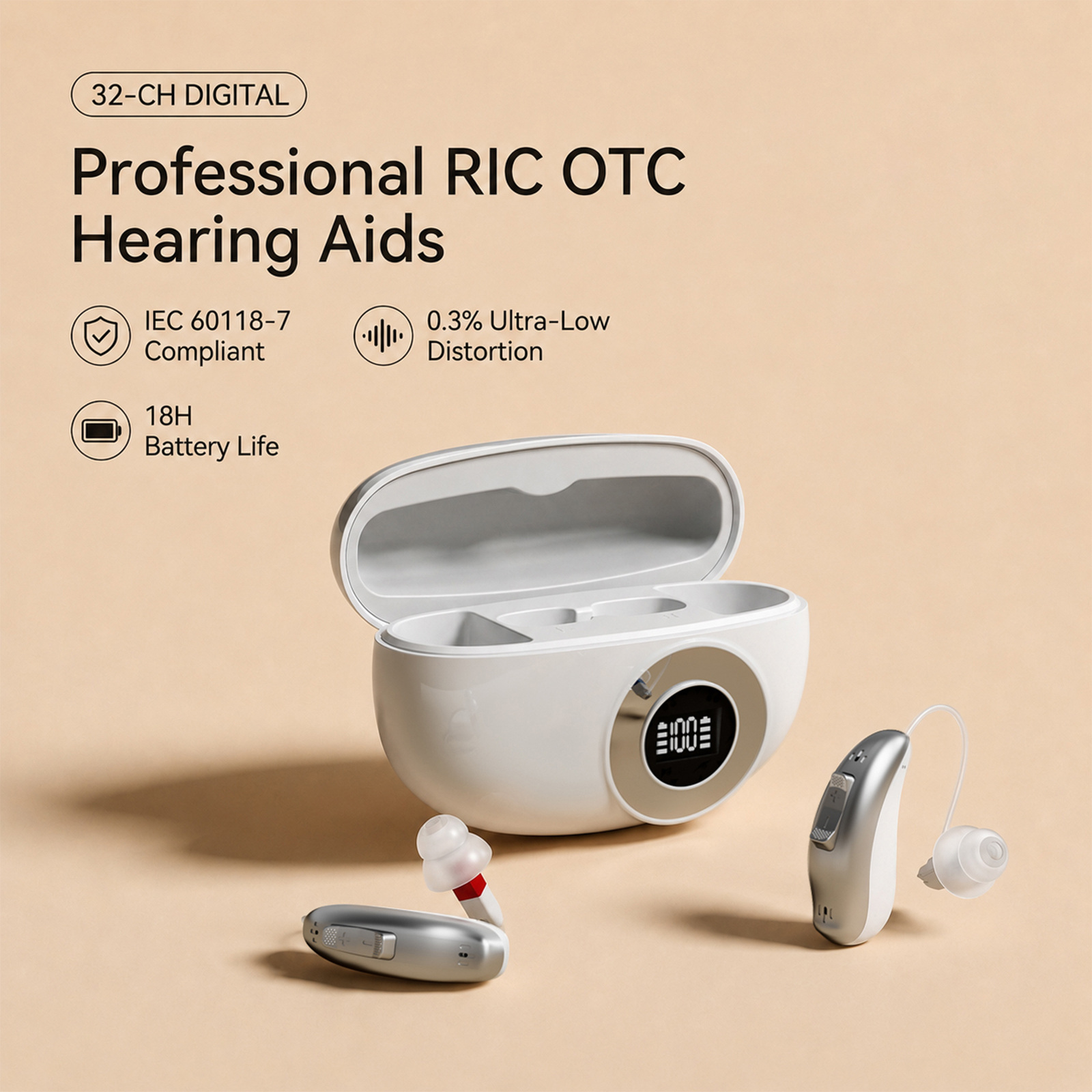 GM-321 rechargeable 32-channel RIC hearing aid with digital-display charging case