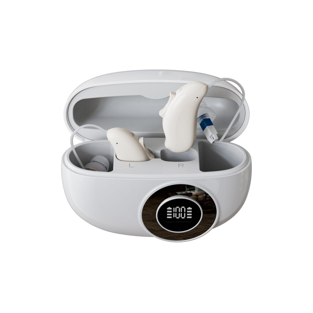 GM-321 rechargeable RIC hearing aid and digital-display charging case on a white background
