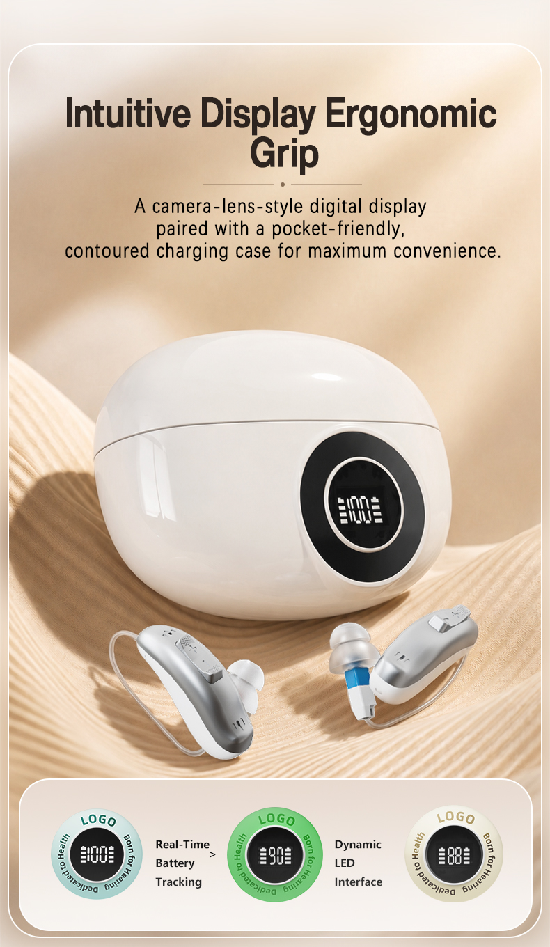 GM-321 RIC hearing aid charging case with digital battery-status display and left right indicators
