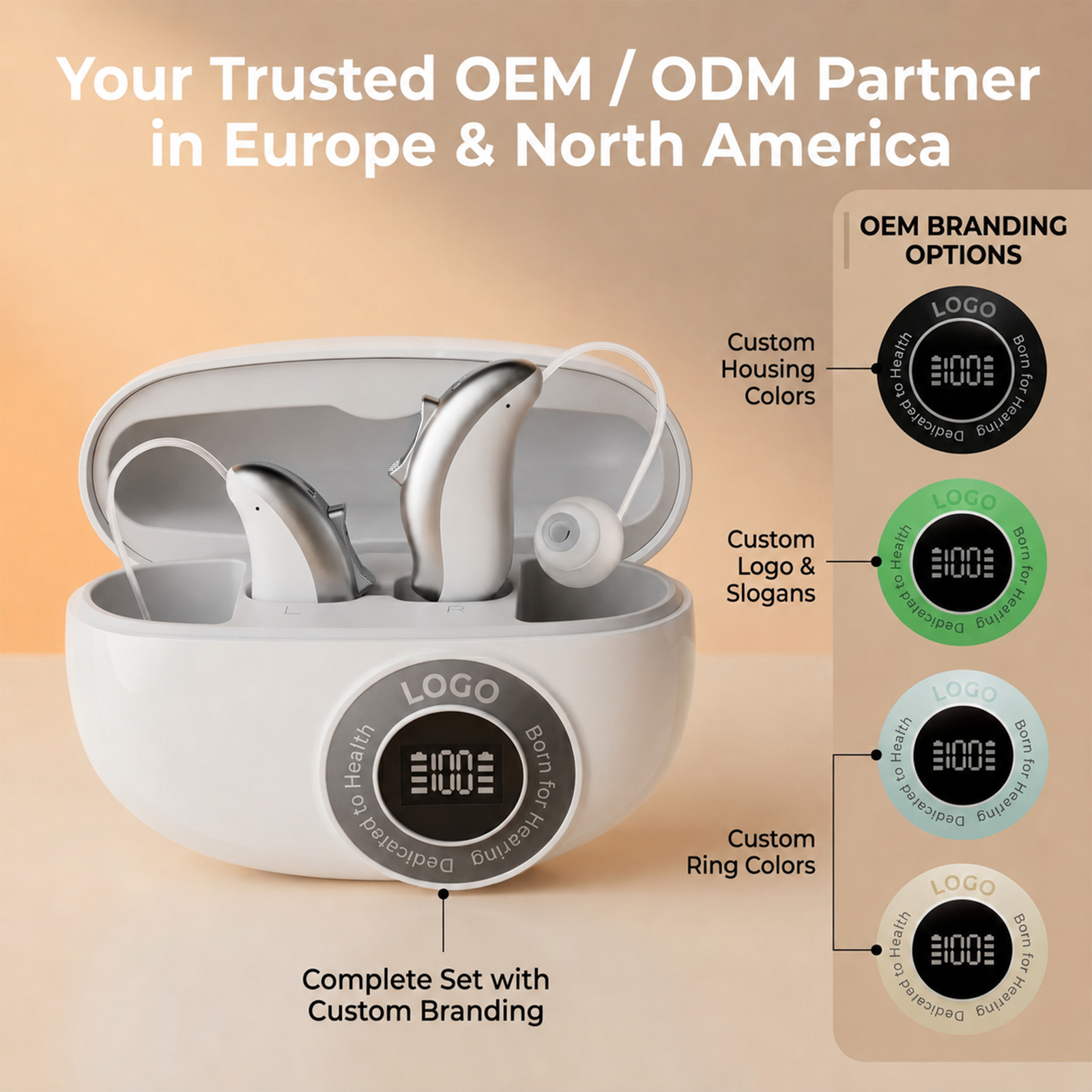 GM-321 RIC hearing aid OEM and ODM branding options including housing logo and ring color customization
