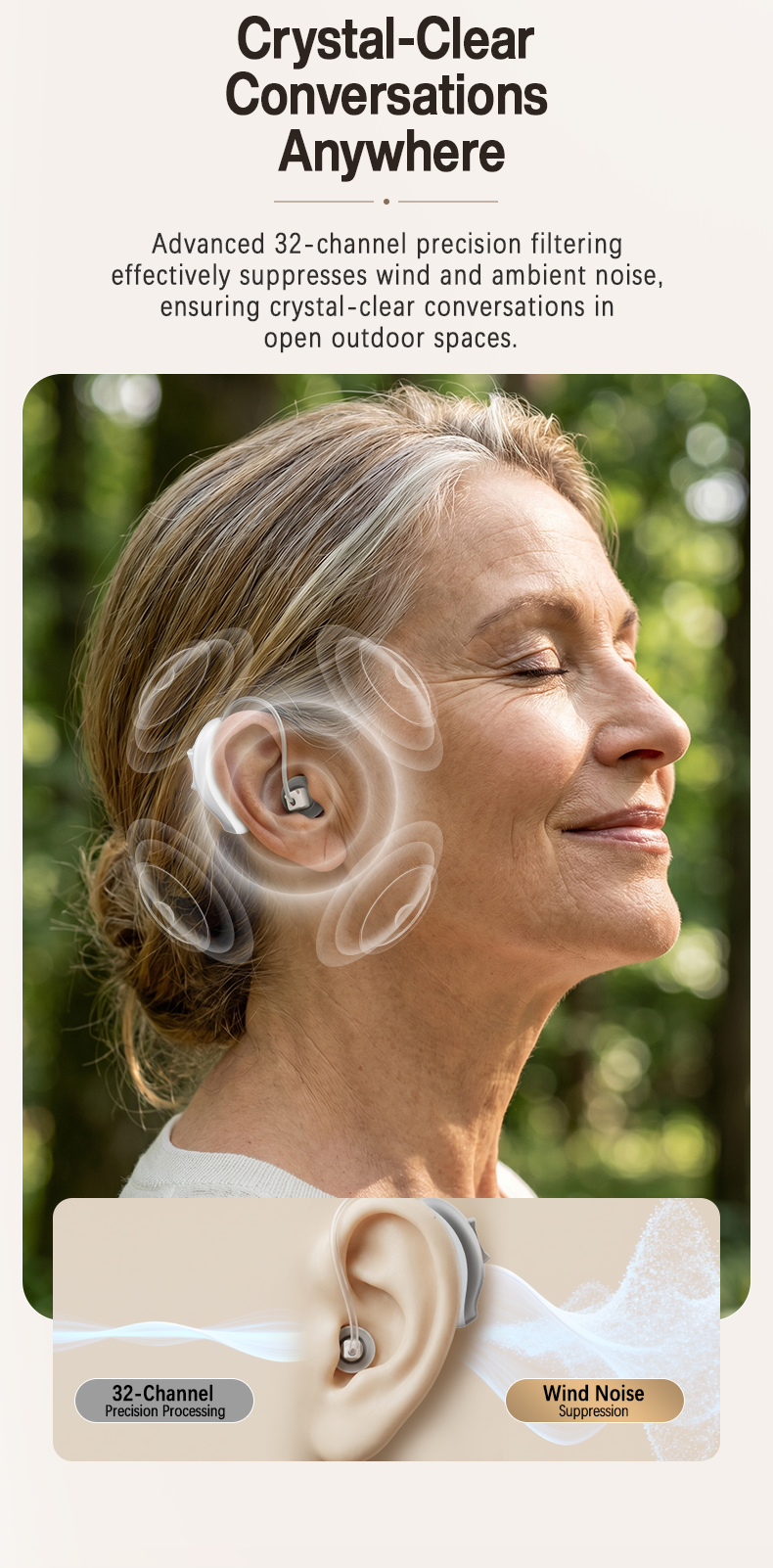 GM-321 RIC hearing aid outdoor listening scenario with wind-noise processing concept