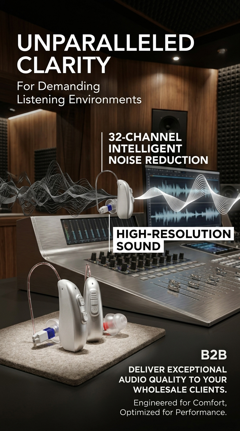 GM-322+ RIC hearing aid showing 32-channel background-noise reduction and speech-processing concept