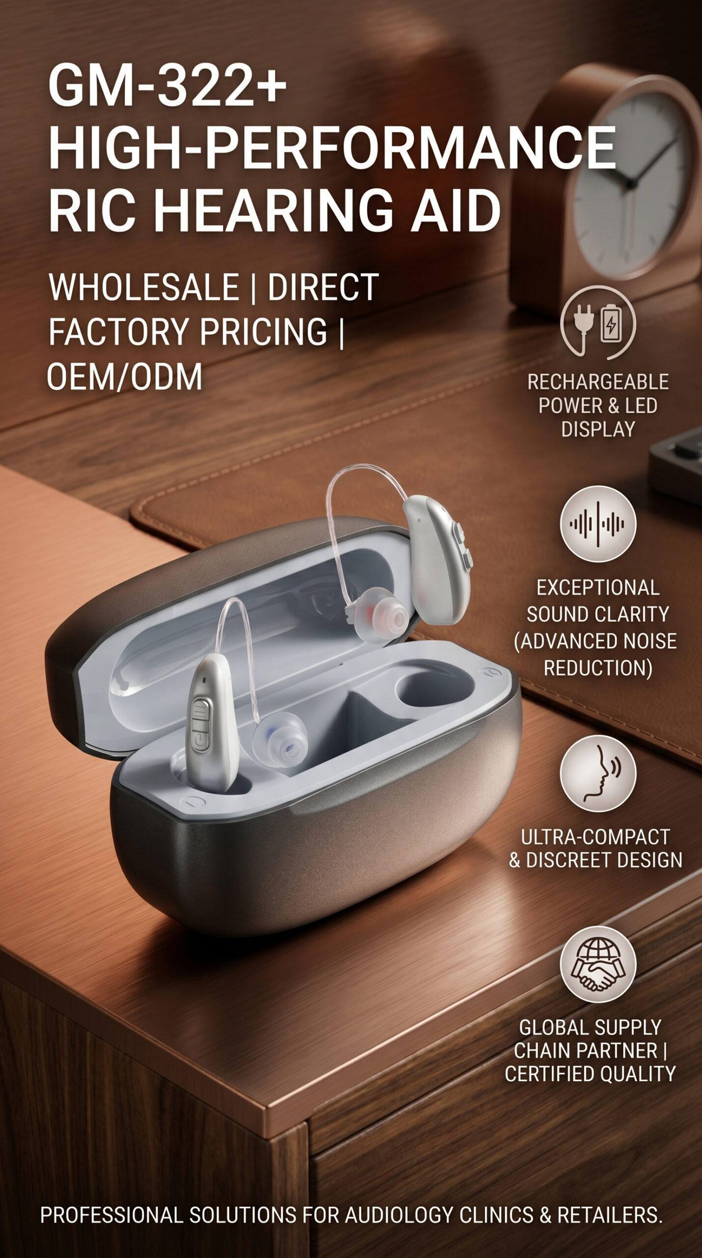 GM-322+ 32-channel RIC hearing aid feature overview with charging case digital processing and OEM supply