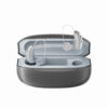 GM-322+ rechargeable 32-channel RIC hearing aid with charging case on a white background