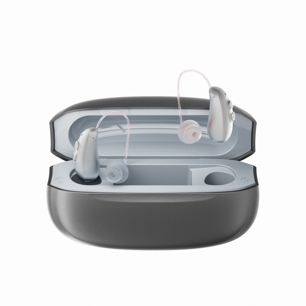 GM-322+ rechargeable 32-channel RIC hearing aid with charging case on a white background