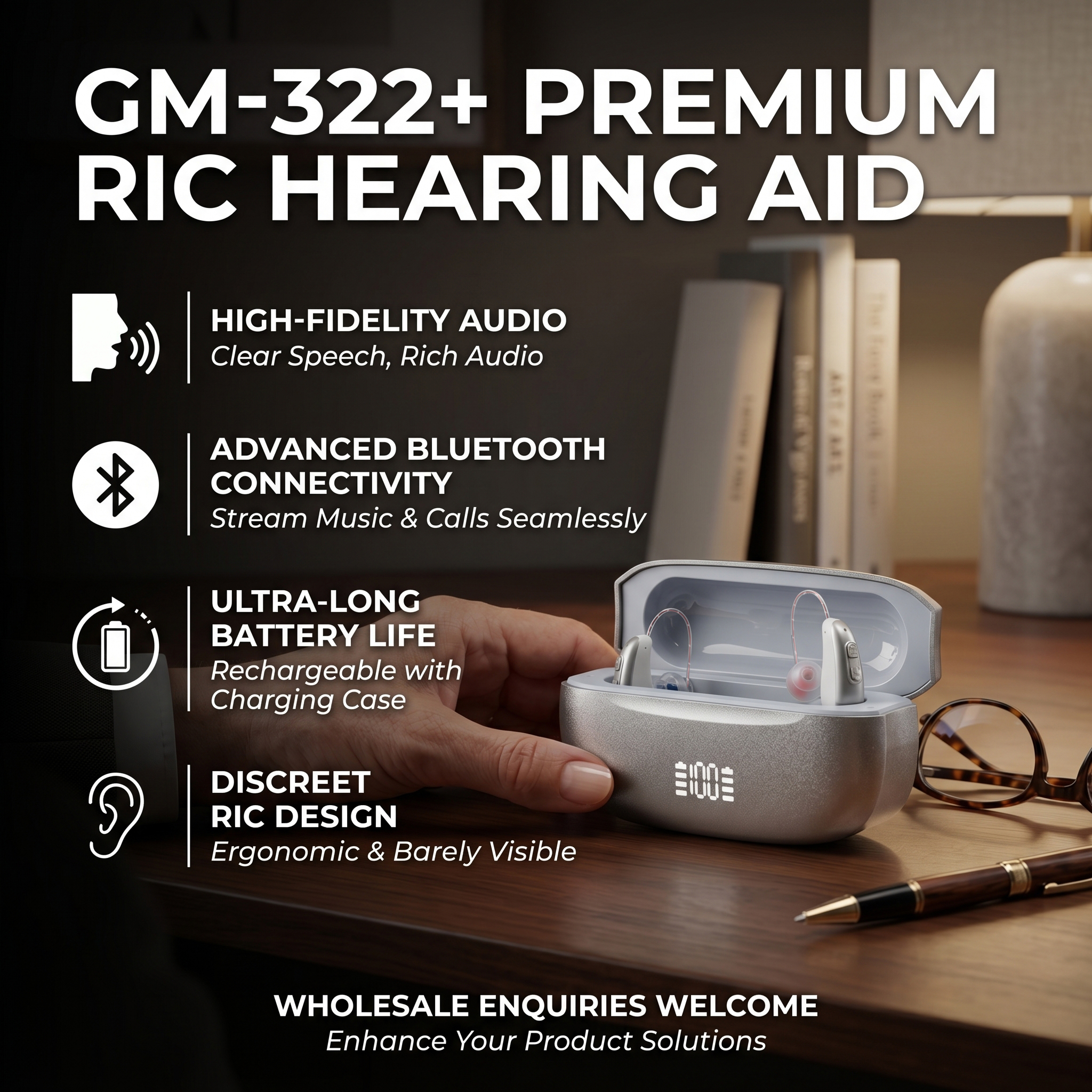GM-322+ rechargeable RIC hearing aid with charging case and Bluetooth feature for wholesale inquiries