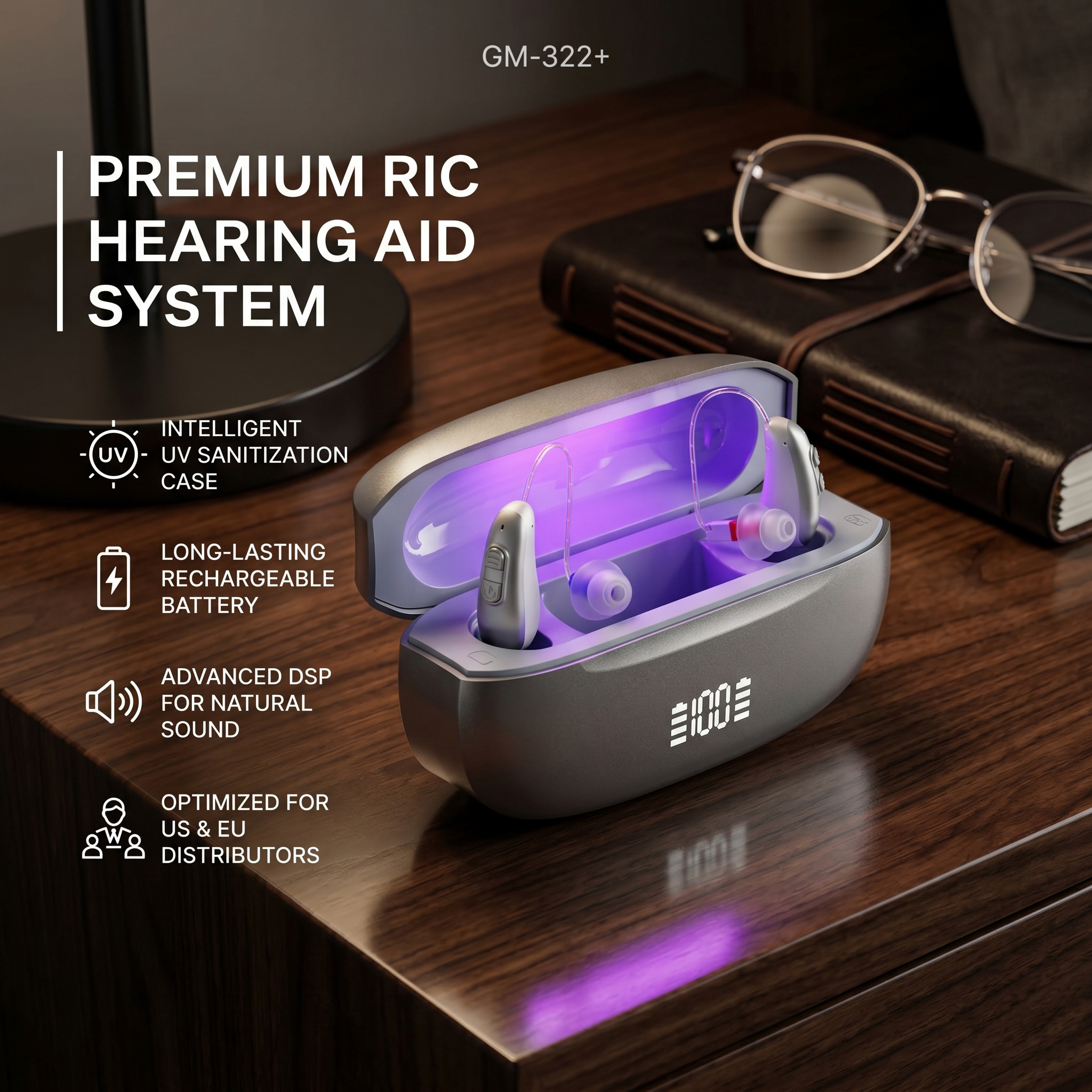 GM-322+ RIC hearing aid with rechargeable charging case and digital processing for B2B projects
