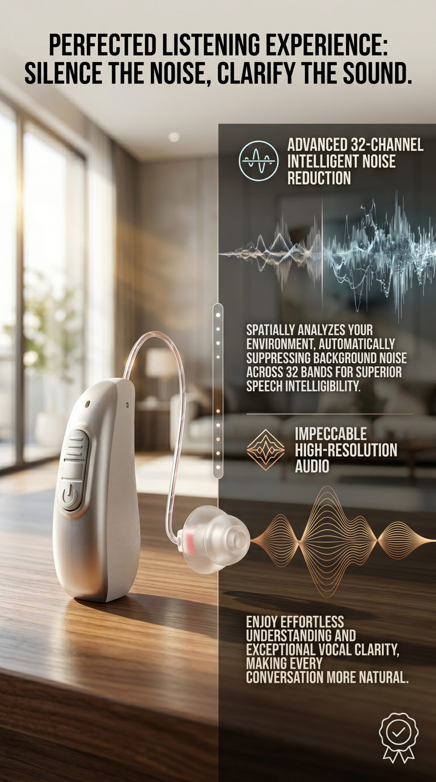 GM-322+ RIC hearing aid with four volume levels and smart outdoor indoor and universal modes