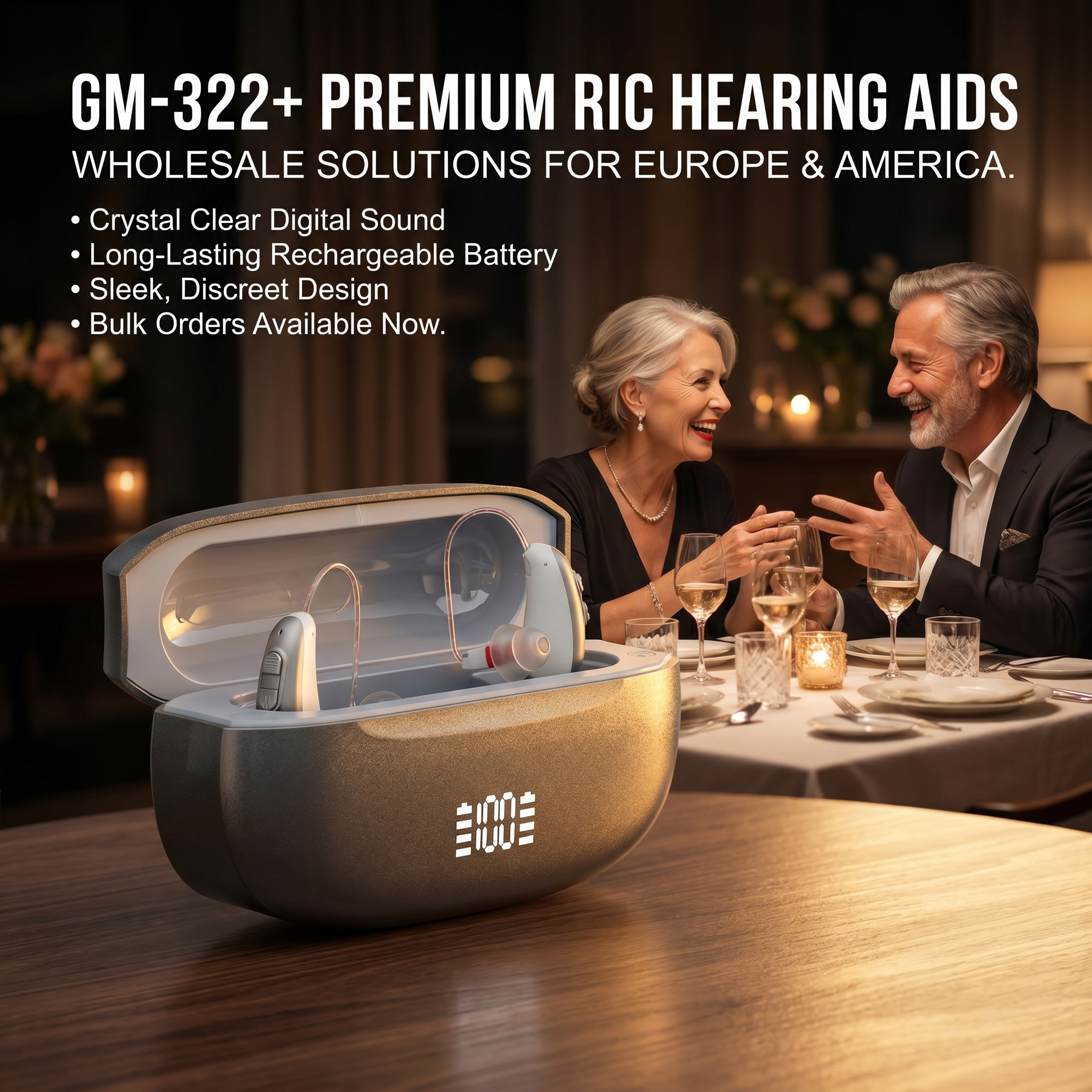 GM-322+ RIC hearing aid and charging case for distributor and wholesale product programs