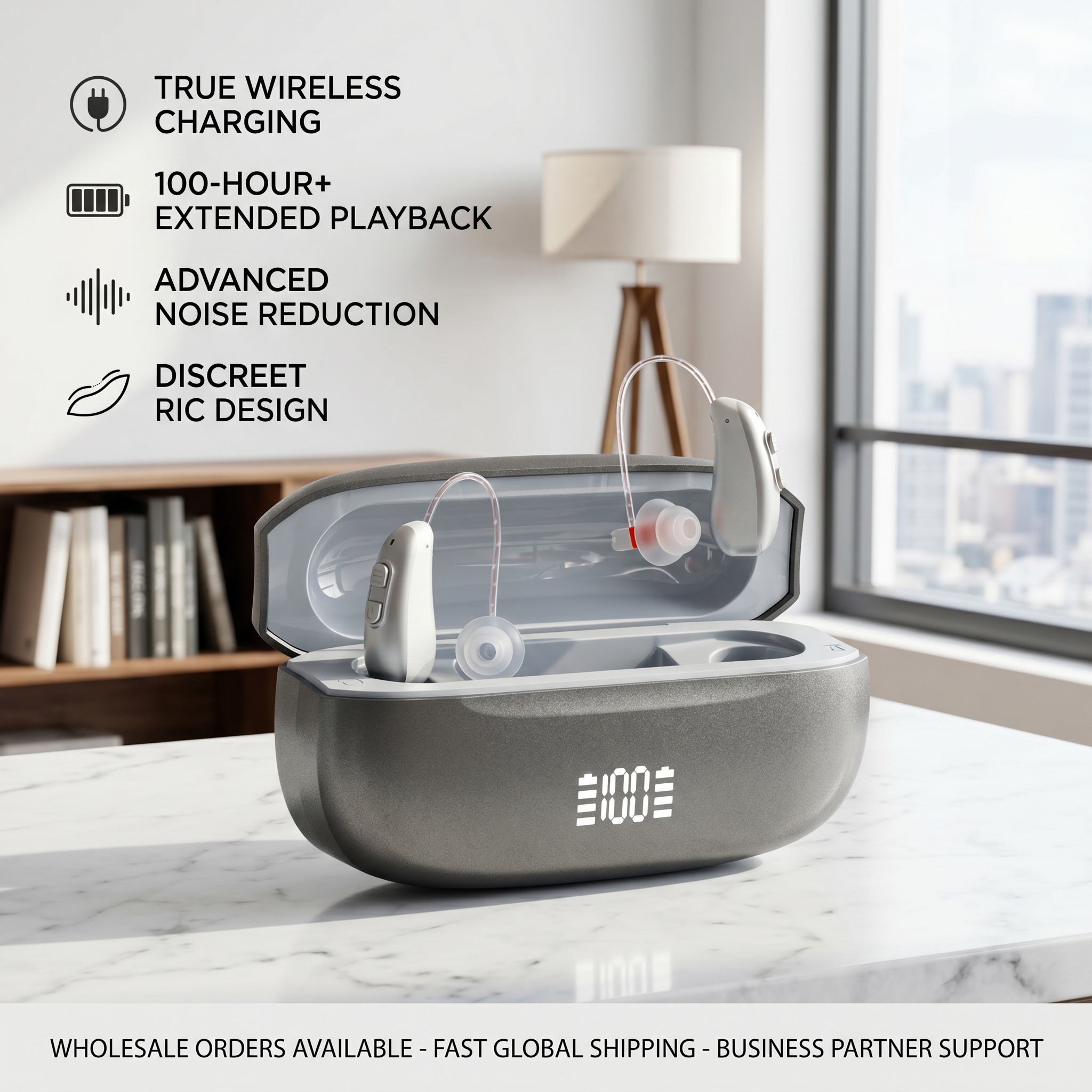 GM-322+ rechargeable RIC hearing aid with charging case for wholesale and OEM supply