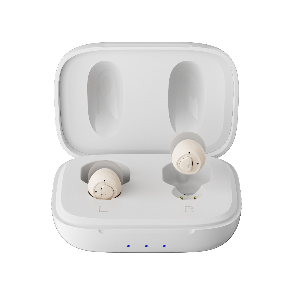 GM-955s rechargeable CIC hearing aid with compact charging case on a white background