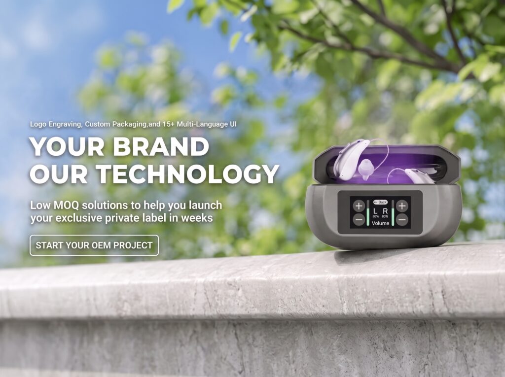 Touchscreen charging case and mobile app dual control smart OTC hearing aid by Goodmi