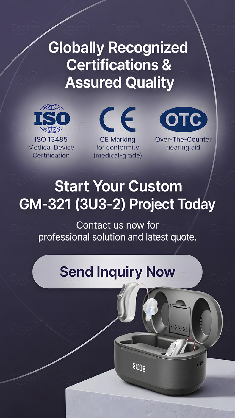 GM-321 hearing aid project image showing certification information and inquiry call to action