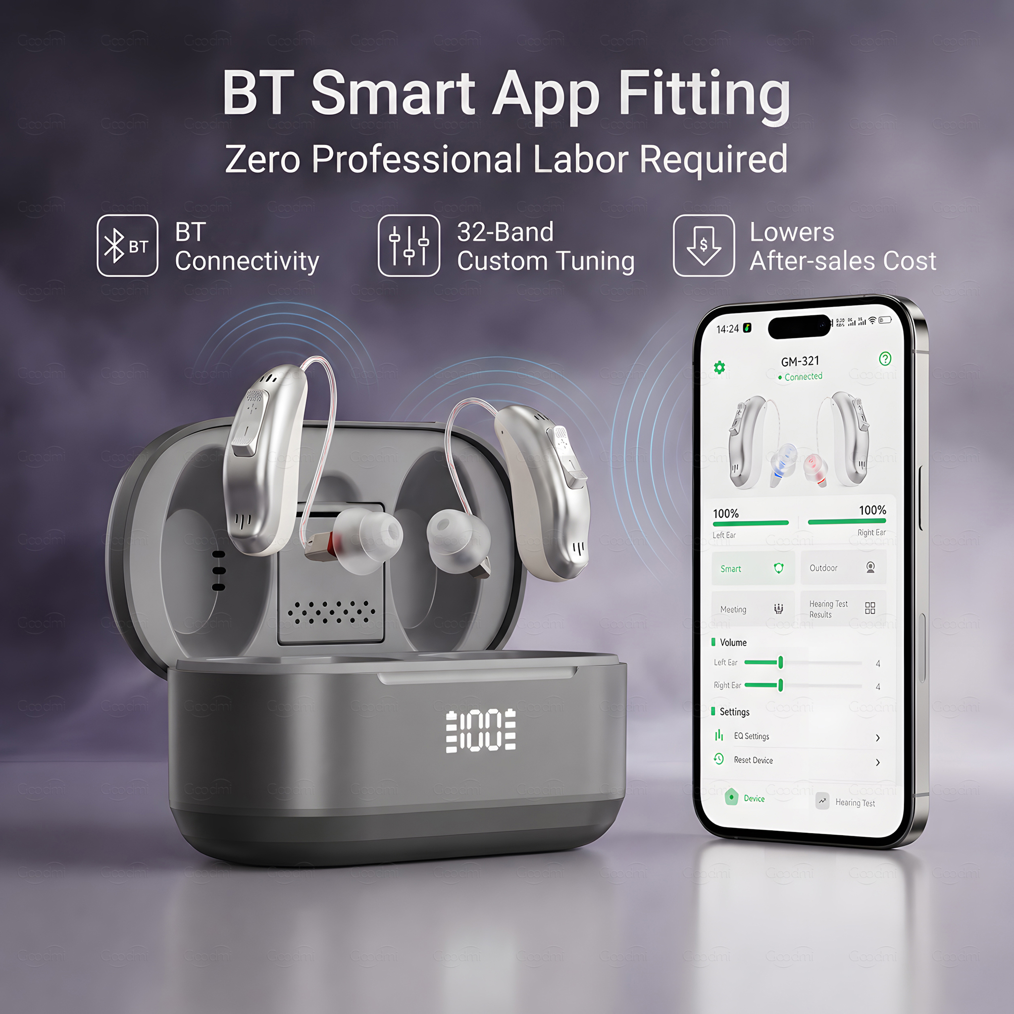 GM-321 hearing aid with Bluetooth connection and mobile APP sound adjustment interface