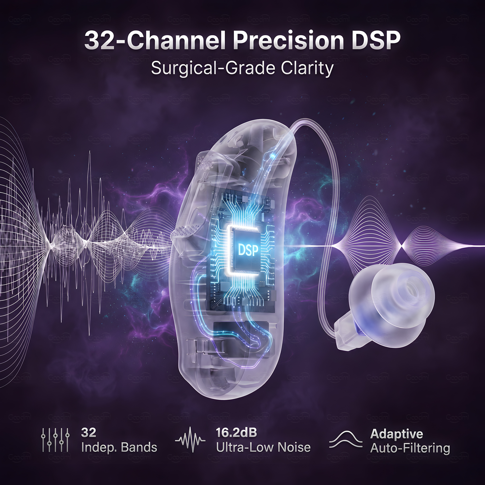 GM-321 hearing aid with 32-channel DSP processing and digital sound wave illustration