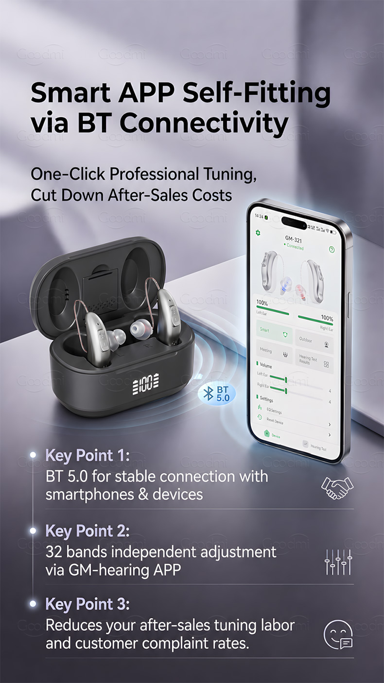 GM-321 hearing aid technical specification table with DSP Bluetooth and charging case information