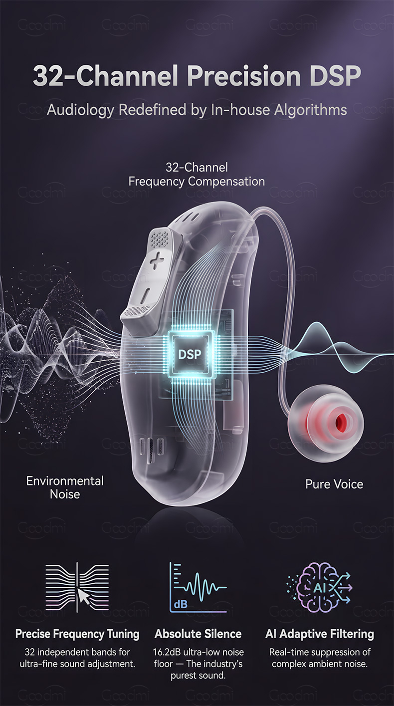 GM-321 hearing aid 32-channel DSP and independent band adjustment illustration