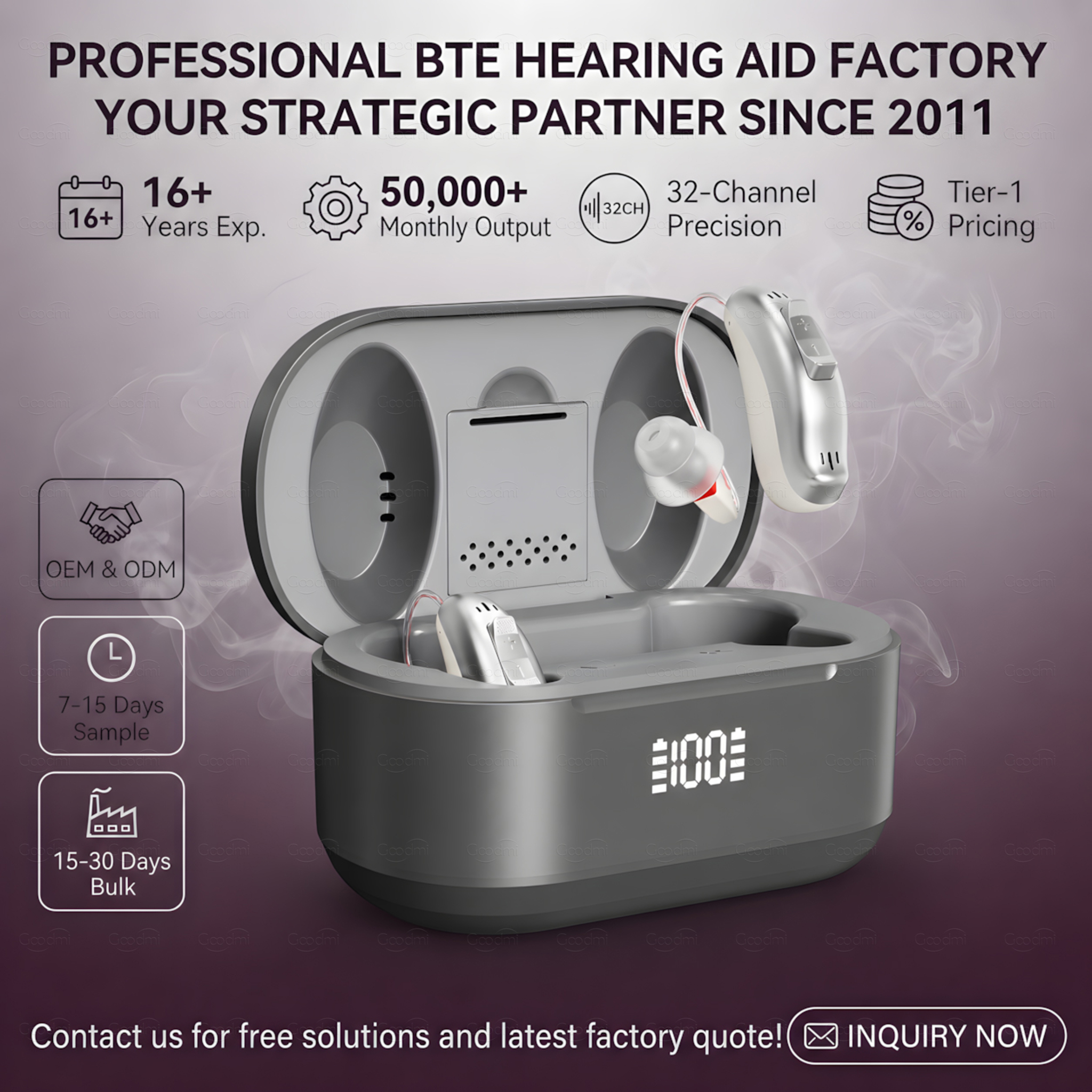 GM-321 hearing aid charging case showing an internal drying compartment