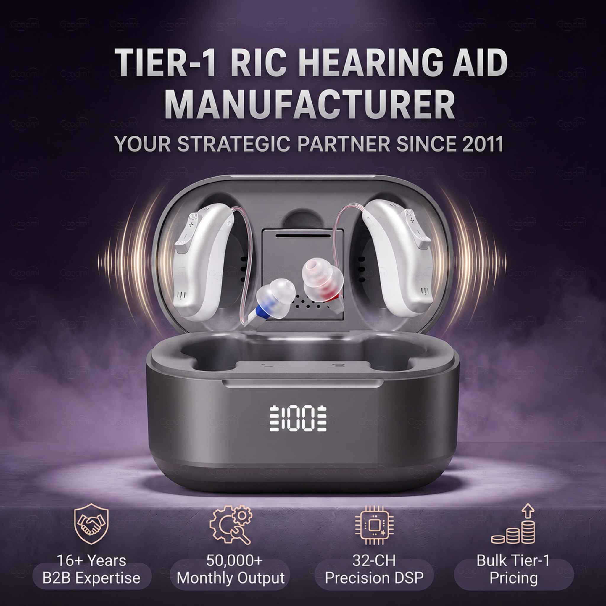 Goodmi GM-321 (3U3-2) hearing aid charging case with B2B manufacturing capability message