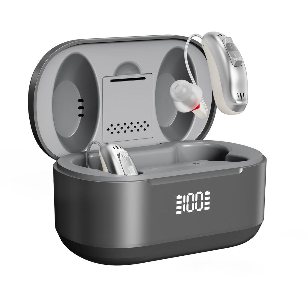 Goodmi GM-321 (3U3-2) rechargeable digital hearing aid with charging case on a white background