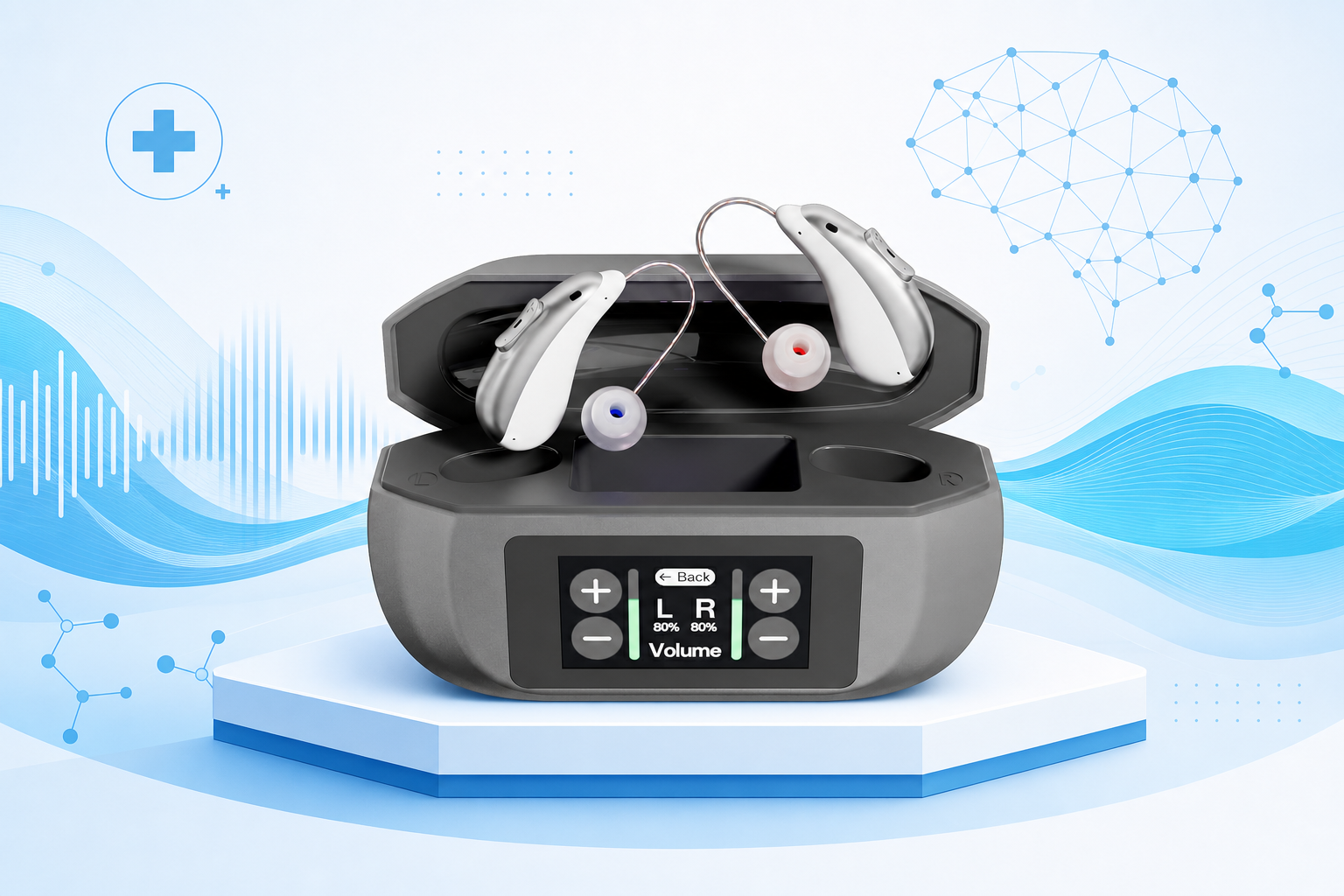 Goodmi GM-322 3U6 touchscreen OTC hearing aid with on-device AI sound processing and neural network noise isolation