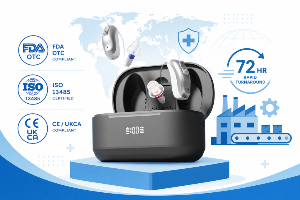 Goodmi GM-321 3U3 digital hearing aid with FDA OTC compliance, ISO 13485 certification, and 72-hour OEM prototyping