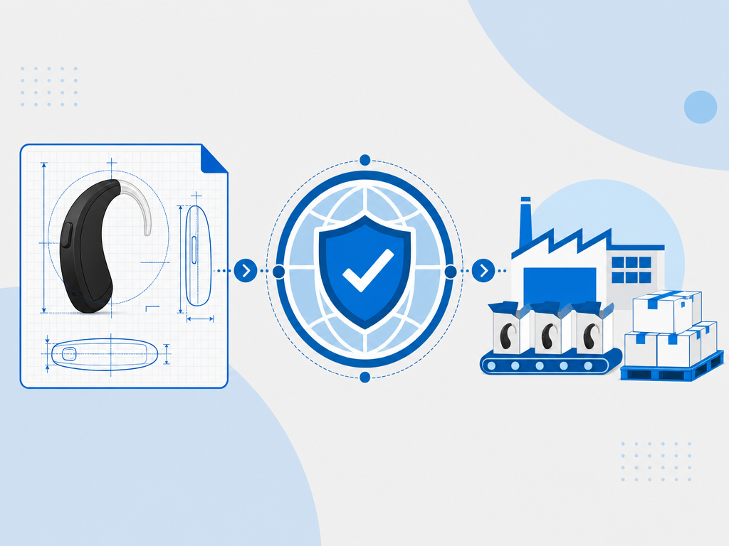 FDA and CE medical compliance checklist and custom OEM private label sport ear-loop hearing aid branding pathway flowchart