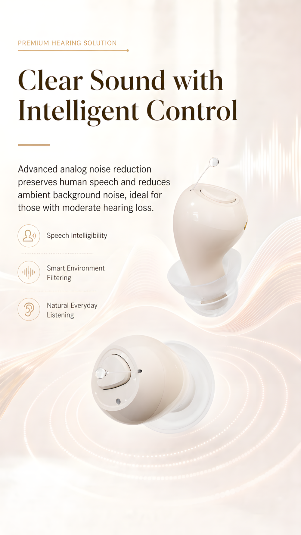 GM-955s lightweight CIC hearing aid showing compact in-ear fit and ear dome design