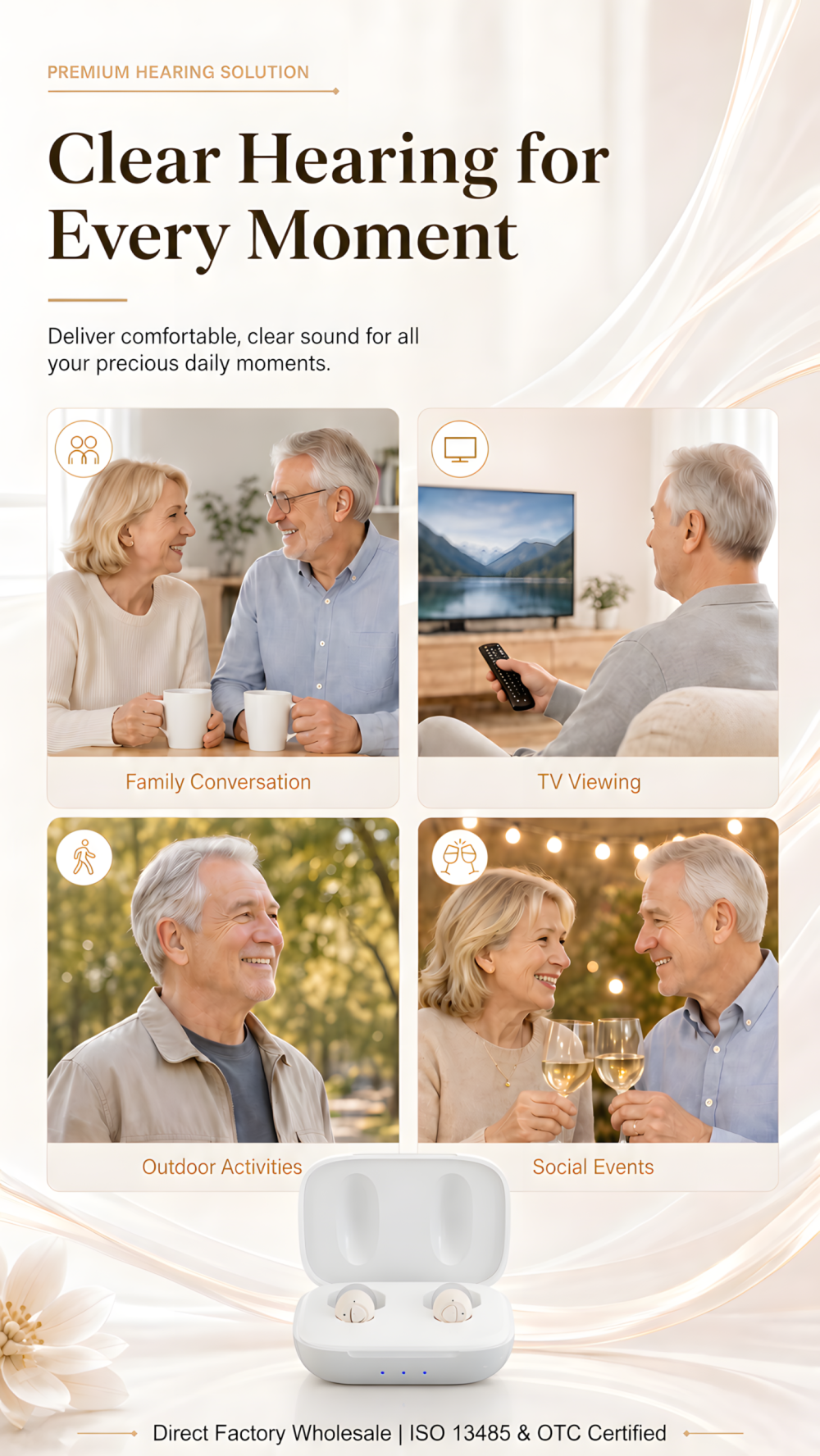 GM-955s CIC hearing aid shown for family conversation TV viewing outdoor activities and social events